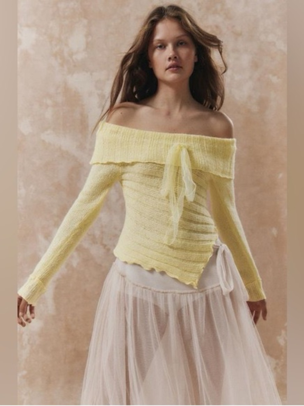 Kimchi Blue Pale Yellow Off-the-Shoulder Tie Knit Sweater